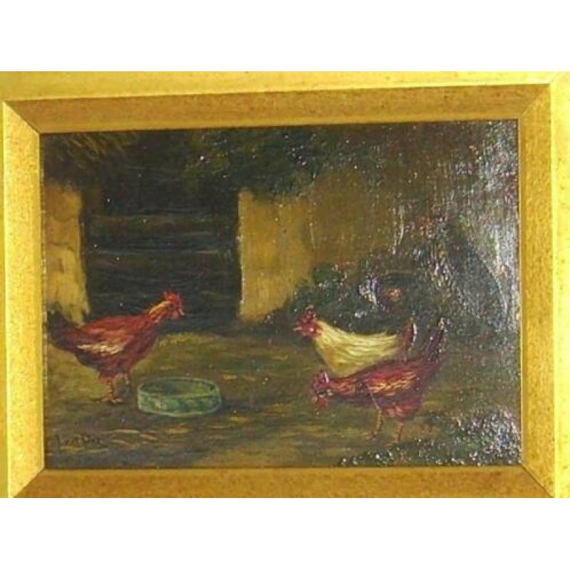 Klassiek schilderij 'Kippetjes op een boerenerf', olieverf