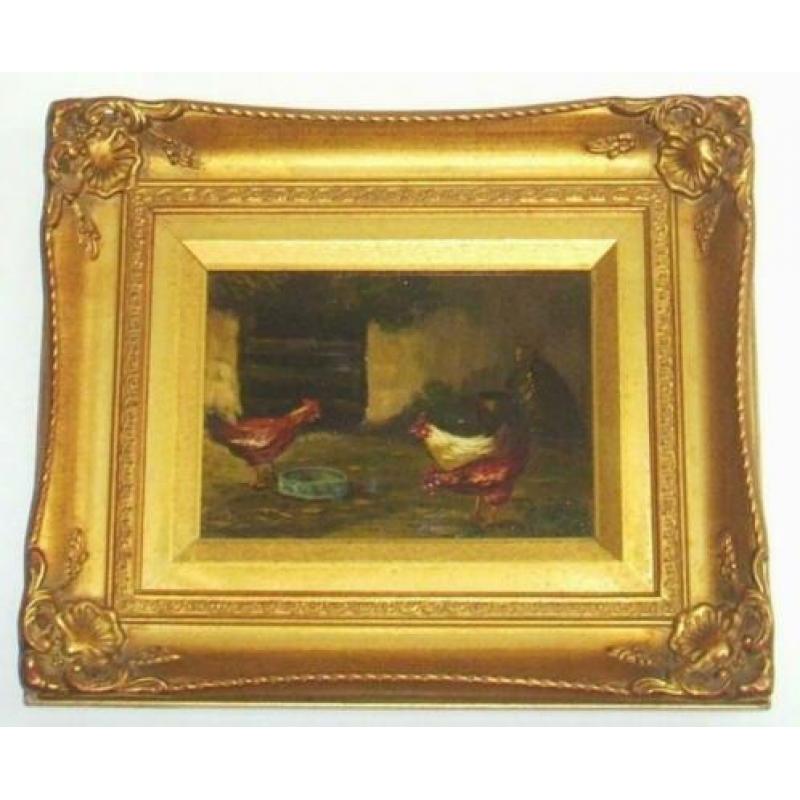 Klassiek schilderij 'Kippetjes op een boerenerf', olieverf