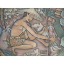 Antiek indisch schilderij, gesigneerd, balinees, batuan art