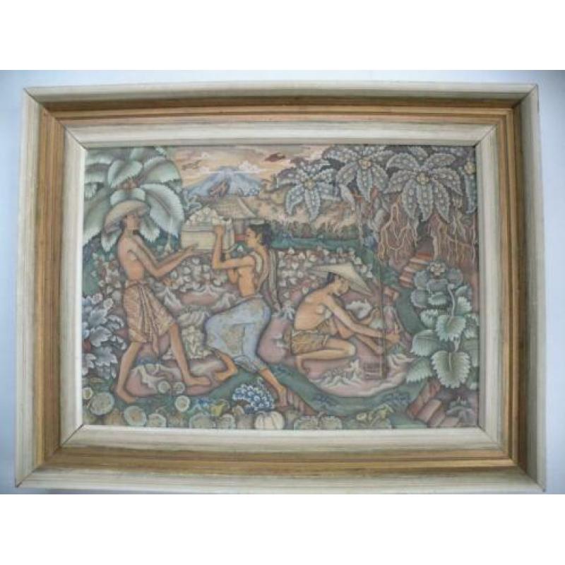 Antiek indisch schilderij, gesigneerd, balinees, batuan art
