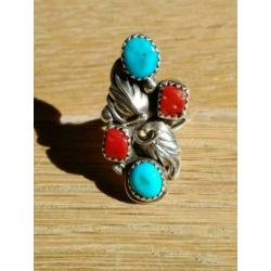 Navajo zilveren ring met koraal en turkoois 16,5