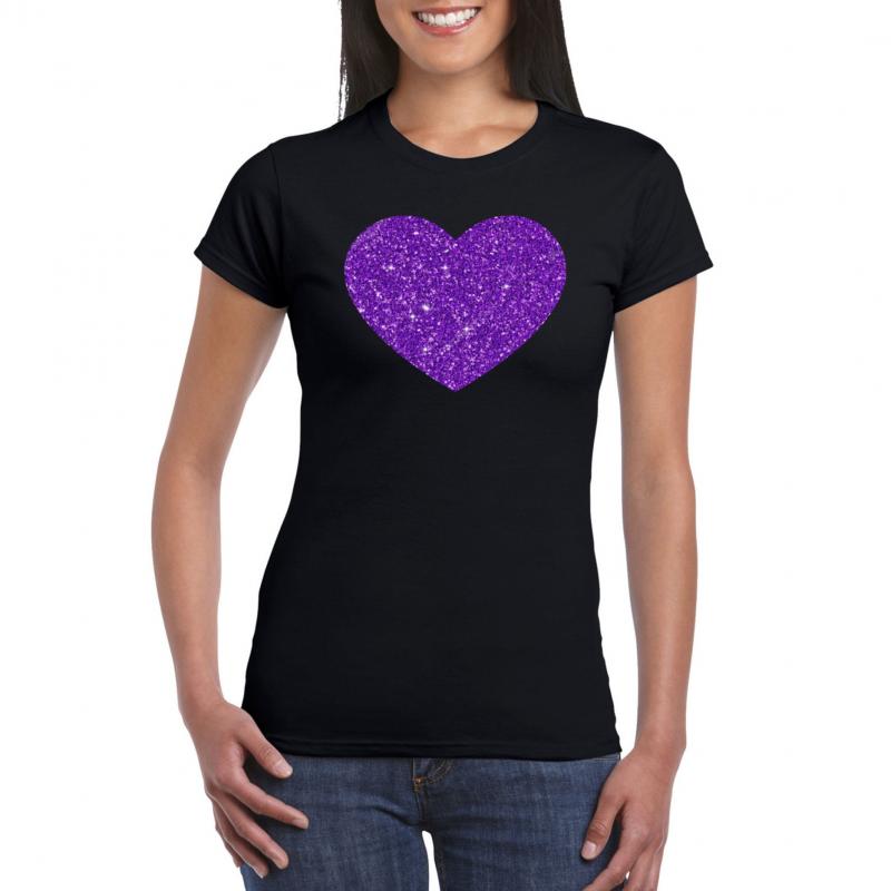 Zwart t-shirt hart met paarse glitters dames